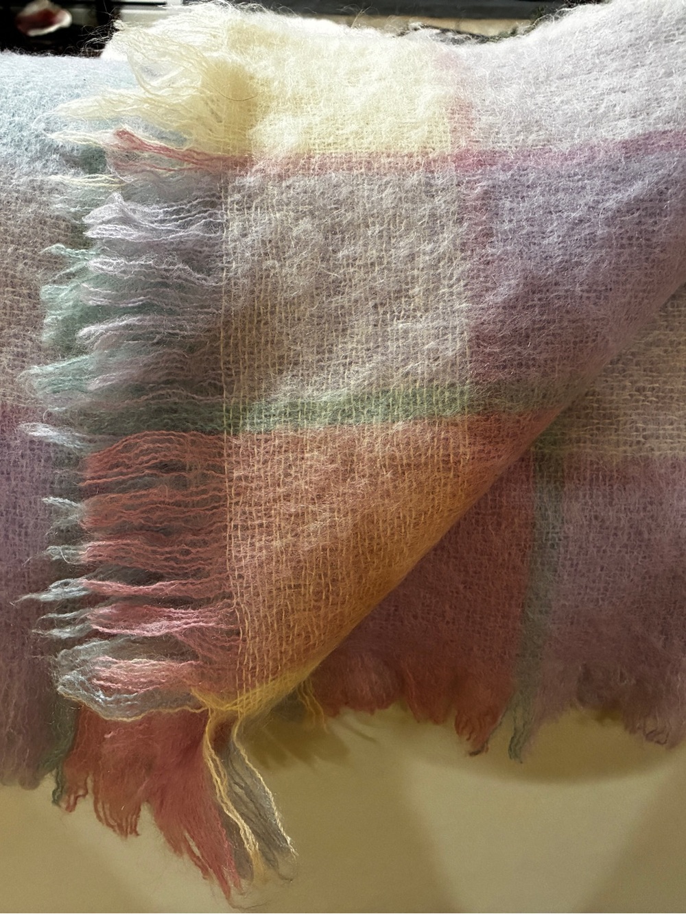 Avoca Pastel Plaid Mohair Throw Blanket in Pink, Blue, Cream